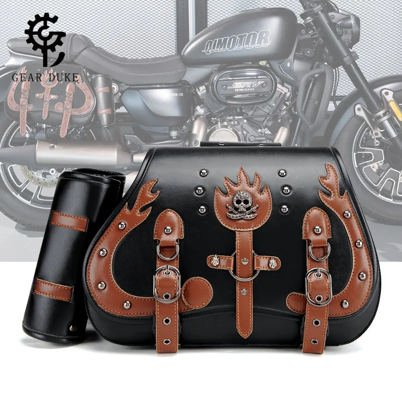 Motorcycle Side Bag with Water Bottle Holder, Vintage Flame Skull Rivet Embossed Saddlebags，Punk Retro Modified Luggage Pouch