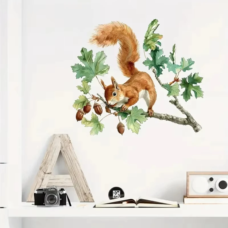 Cute Squirrel Wall Sticker Set With Oak Branch and Acorns Bathroom Toilet Decor Living Room Refrigerator Home Decoration M1683