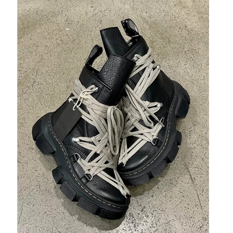 Black Cross Straps Thick Bottom Block Heel Short Boots Woman Winter 2025 Round Toe Heightening Boots Trend Fashion Shoes