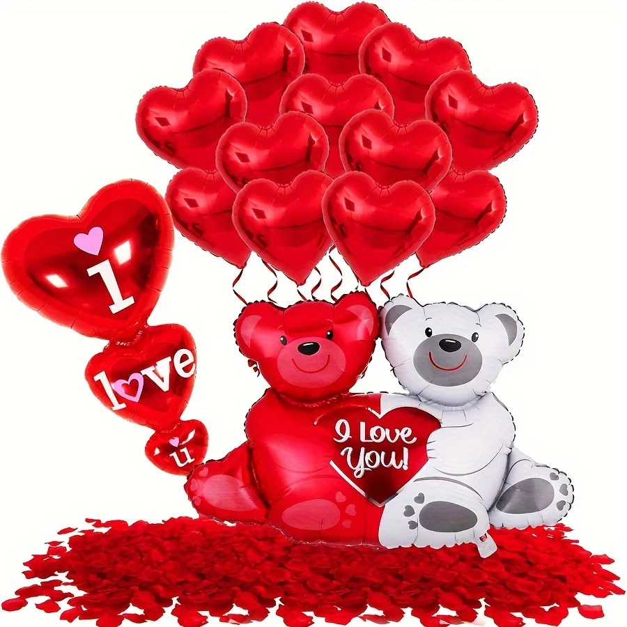 508pcs Giant Teddy Bear Balloon Set with 500 Red Rose Petals and Red Heart shaped Balloons for Romantic Decoration