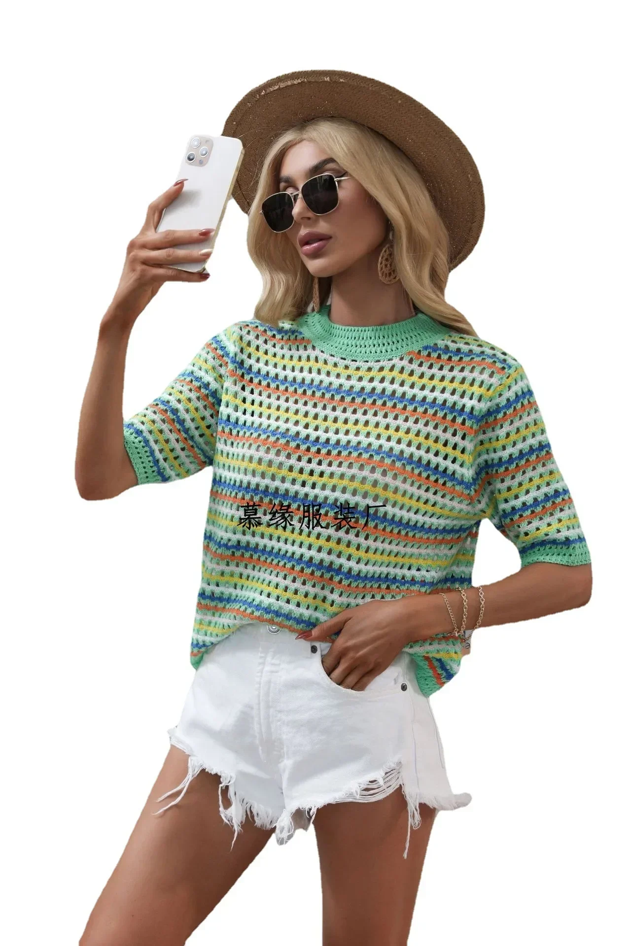 

Female Spring and Summer New Splicing Hollow Sweater Ladies Loose Round Neck Striped Fresh Sweet Temperament Commuter Knitwear