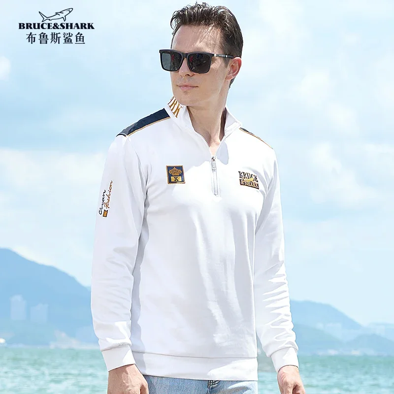 

New Men's Polo Thicken Cotton Bruce&Shark Autumn Long Sleeve Zip Men Clothing Loose Style Fashion Luxury Brand Polo Big size 4XL