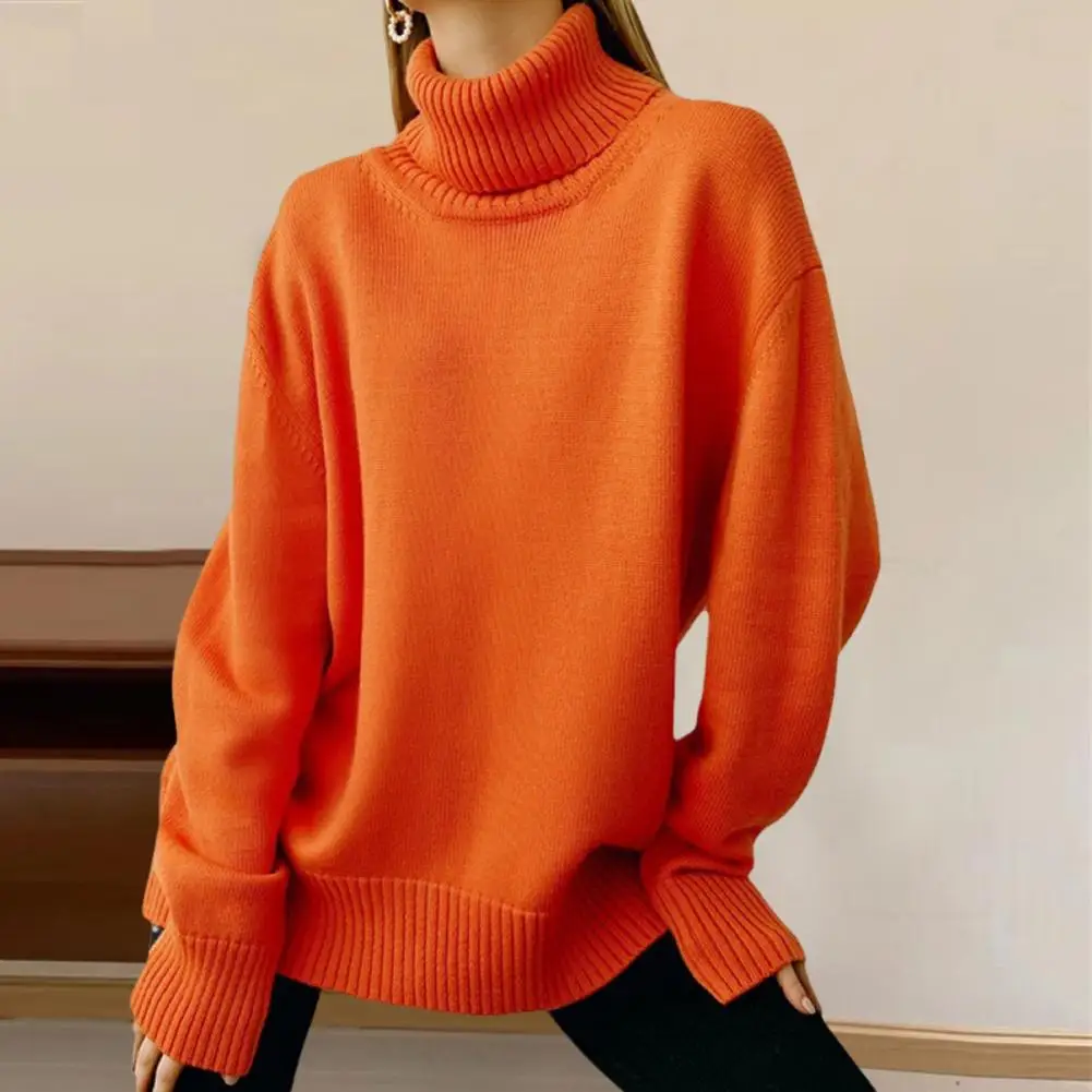 Solid Color Knit Sweater Stylish Women's High Collar Sweater with Ribbed Trim Loose Fit Pullover Top in Solid Color for A