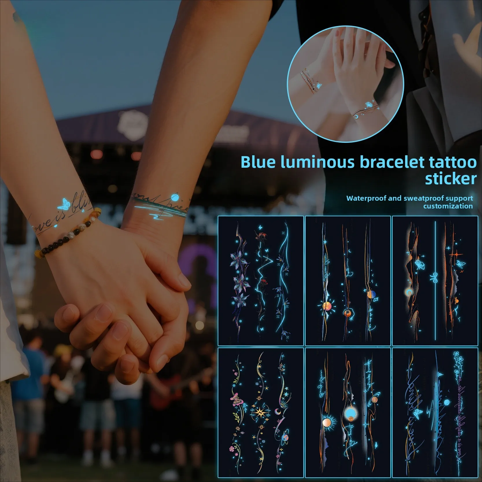 

New Friends and Couples Planet Flower Wristband Custom Tattoo Sticker Glow-in-the-Dark Blue Night Light Tattoo Sticker