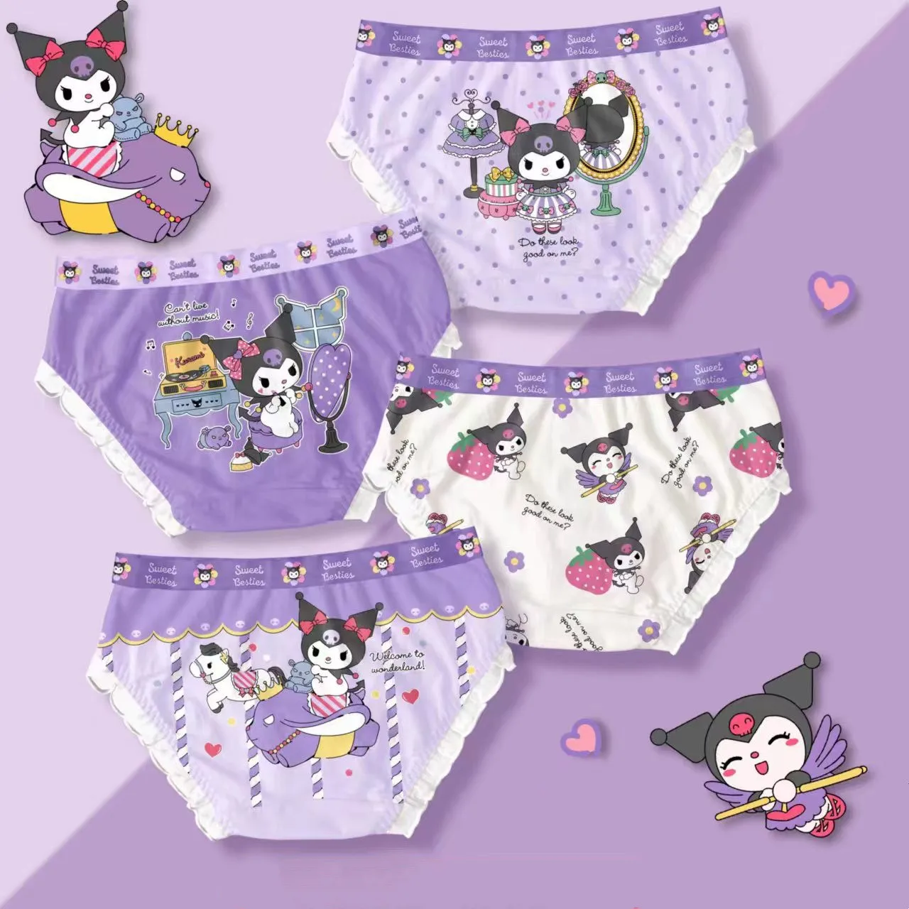 4 Pack Kuromi Pure Cotton Girls' Underwear Flat Corner Four Corner Shorts Cartoon Breathable Triangle Children's Underwear