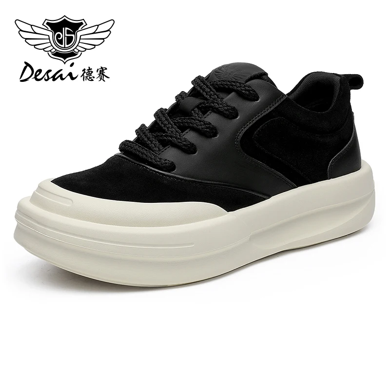 DESAI Men Casual Shoes White And Black Genuine Leather Male Sneakers Breathable 2024 Shock Absorption Outsole Soft