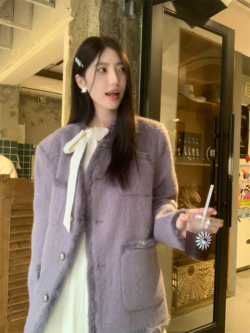 

plus Size Women's Vintage ey Purple Woolen Coat Ele Autumn Winter New Sle Korean Commute Sle Long Sve Thiened