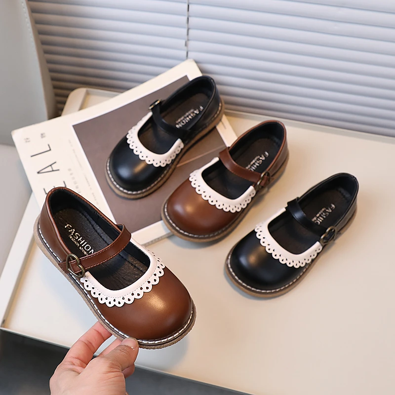 Fashion Girl School Shoes Perform Kids Princess Shoes for Children Shallow Toddler Ruffled Edge Leather Shoes Causal Mary Janes