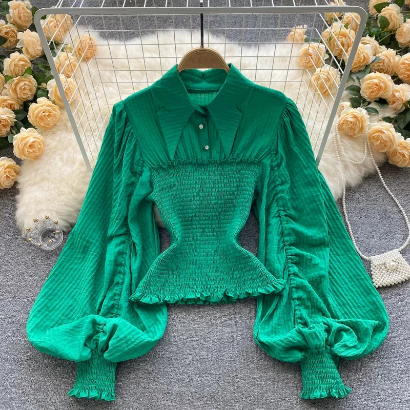 Vintage Lantern Long Sleeve Lapel Pleated Blouse Slim Elegant Korean Fashion Top Sexy Autumn Women Shirt