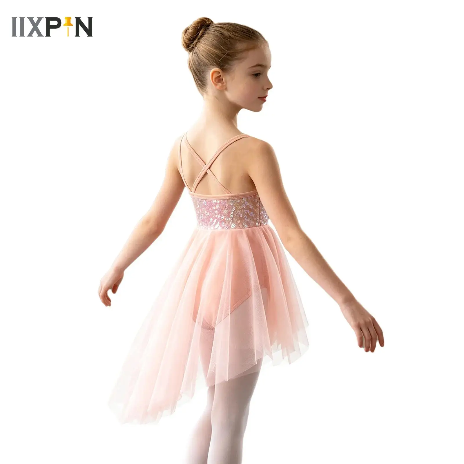 

Kids Girls Sequins Ballet Tulle Tutu Dress Gymnastics Leotard Dress Sleeveless Contemporary Lyrical Dance Performance Costume