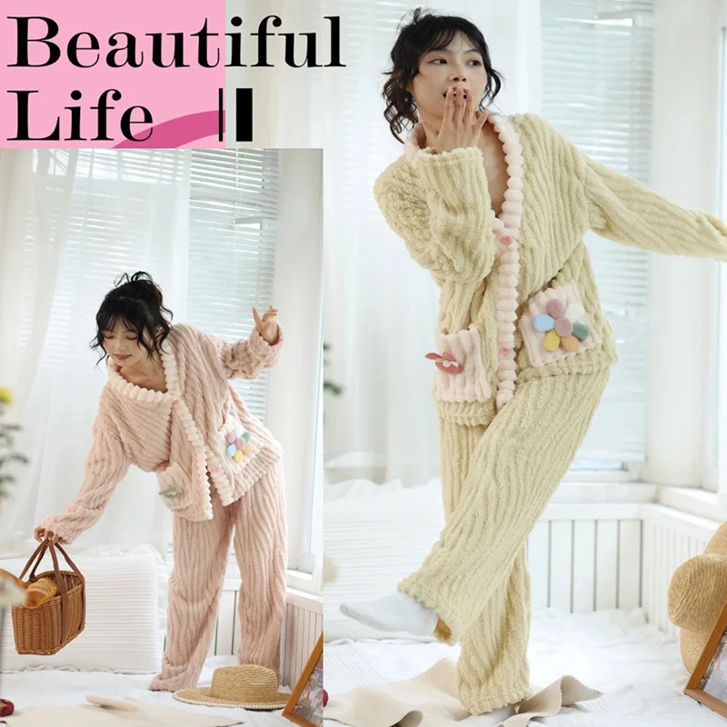 2PCS/Set Pregnant Women\'s Thickened Warm Coral Velvet Pajamas Maternity Long-Sleeved Sweet Plush Thick Kawaii Homewear Nursing