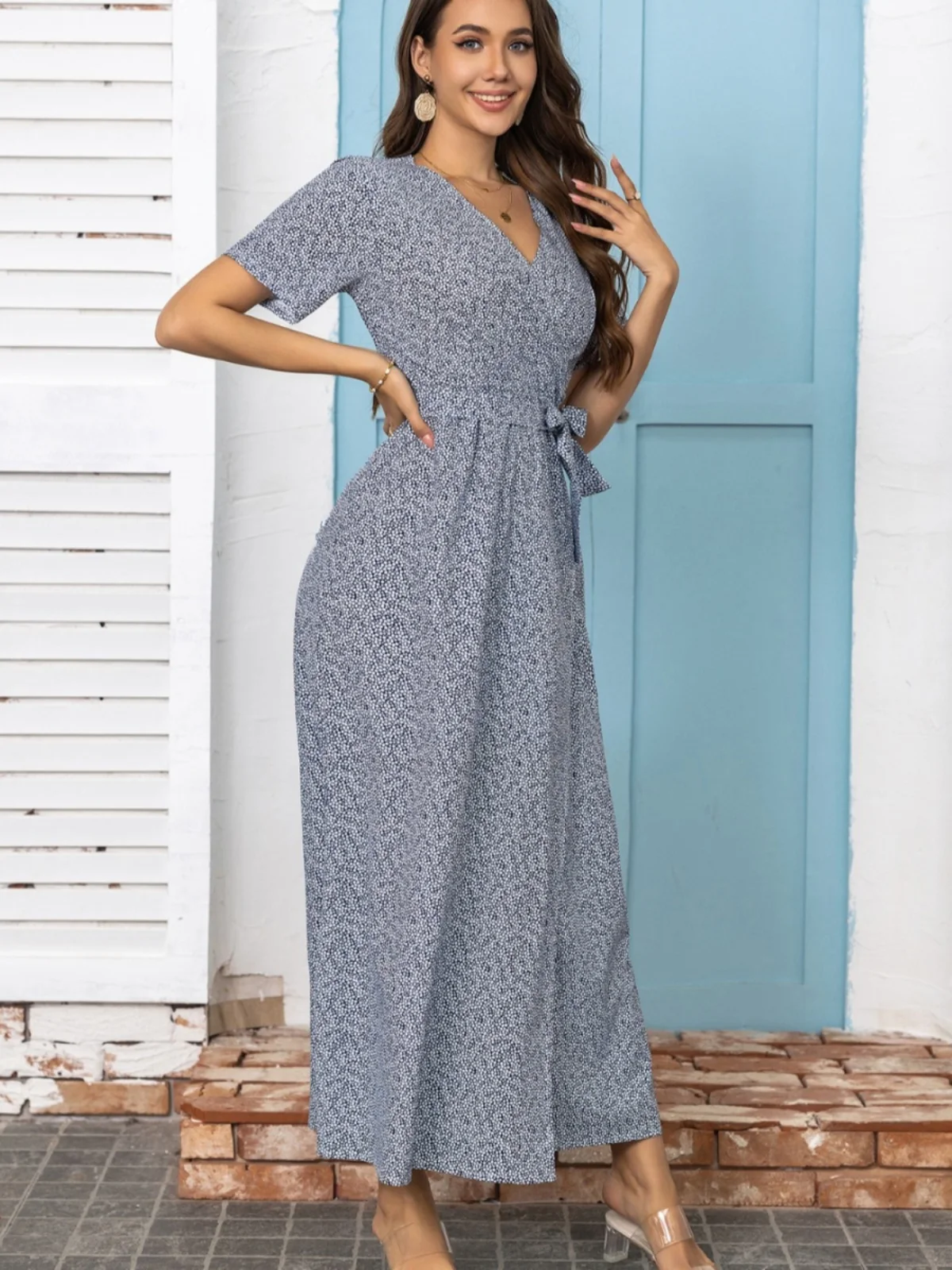 Zomer Nieuwe V-Ne Bloemenprint Sexy Split ort Sve Dr Strand Zand Strand Straat Sle Polyestervezel Lange Dr