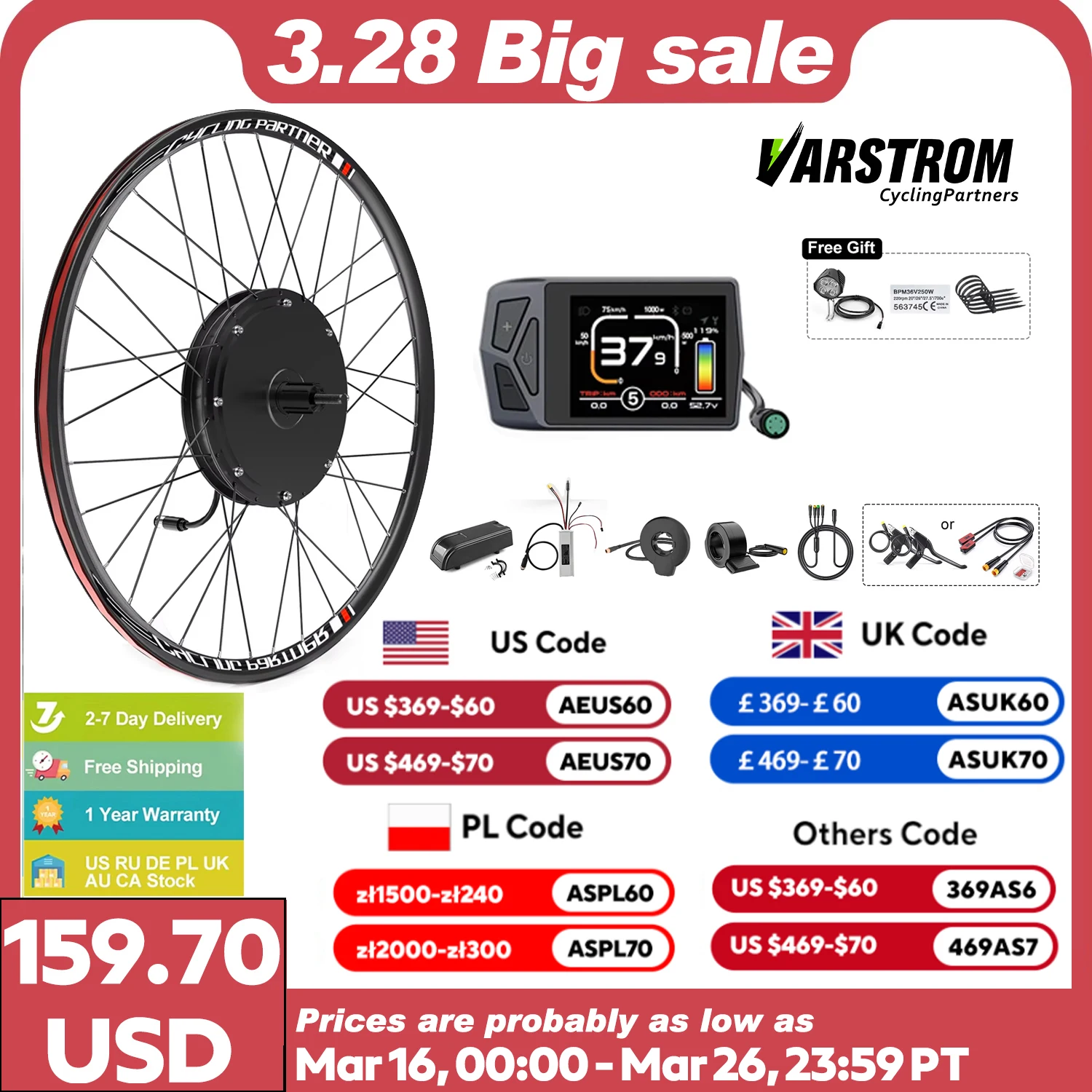 Varstrom 1000W Hub Motor Wheel 48V Electric Bicycle Conversion Kit Gearless Brushelss Motor Rear Drive Ebike Kit 26-29 inch 700C