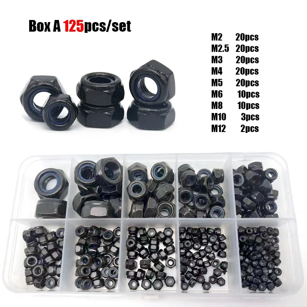 125pcs/set M2 to M12 Nylon Insert Lock Nut Assortment Kit 304 Stainless Black Carbon Steel Hexagon Hex Self Locking Locknut Set