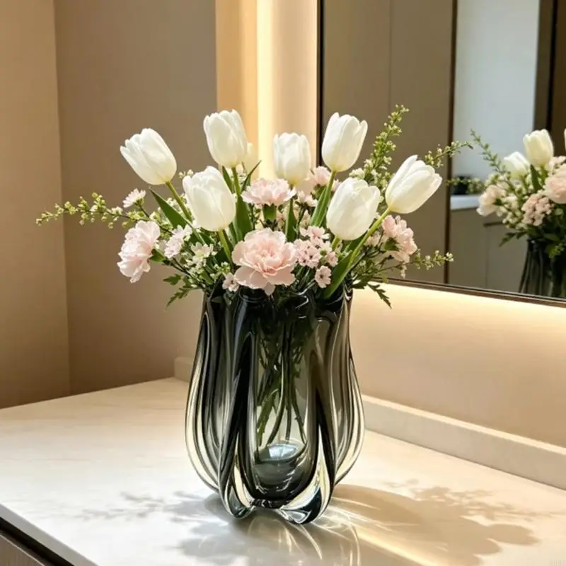 H8WB Modern Decorative Glass Vases with Gray Transparent and Sculptural Ripples Texture for Entryway, Shelf, or Table Decors