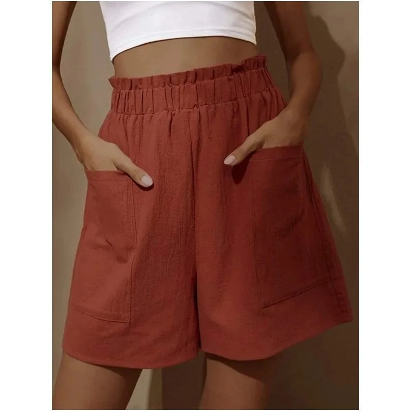New Women's Shorts Cotton Hemp Blended High Waist Solid Color Casual Pocket Basic Fashion Summer Thin Pants