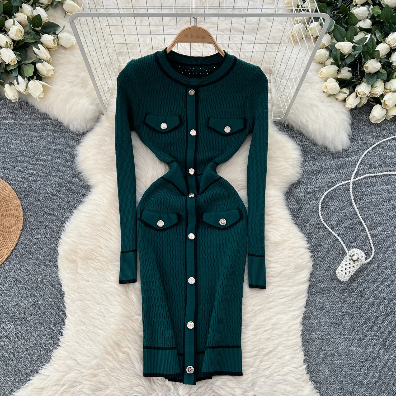 Elegant Patchwork Vintage O-neck Chic Long Sleeve Slim Single Breasted Knit Dresses Women Korean Evening High Street Clothing