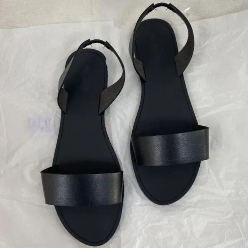 Solid PU Leather Women Sandals for 2024 Summer Flat Shoes Back Elastic Band Rome Casual Lady Fashion Brand Sandal Woman