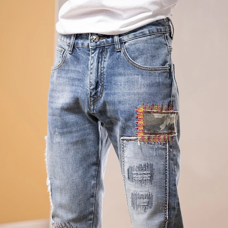 Street Fashion Men Jeans Retro Light Blue Elastic Stretch Skinny Spliced Ripped Jeans Men Patched Designer Hip Hop Pants Hombre