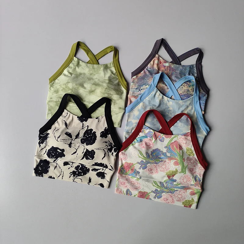 Neue hochwertige Yoga-Lingerie für Damen, einteiliger BH mit festen Cups, stoßfest, formgebend, sexy, bedruckt, mit breiten Trägern. – Detail 2