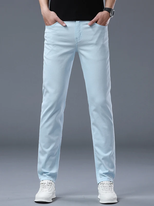 

High-End Light Blue Luxury Men's Slim Fit Jeans Casual Summer Thin Sle European Trendy Brand Casual Versatile Long Pants