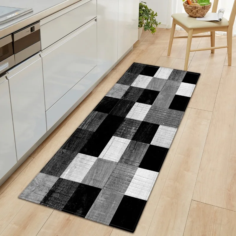 

Длинный кухонный коврик черно-белый с эффектом состаривания, геометрический узор в клетку, противоскользящий, мягкий, износостойкий, для декора кухни