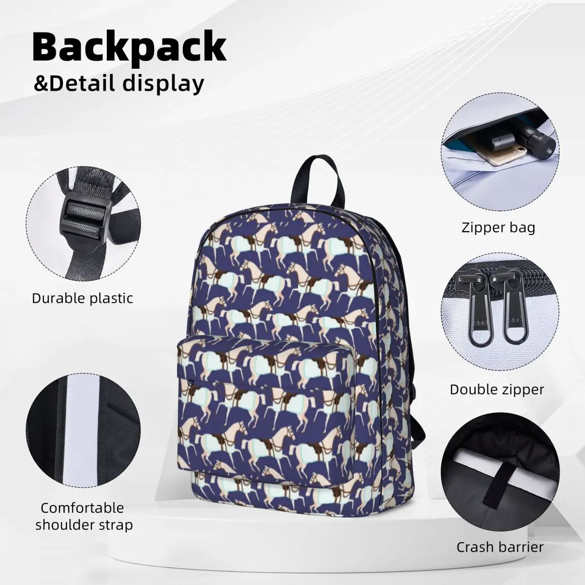 Cute Horses On Blue Background Backpack Boys Girls Bookbag Student School Bag Cartoon Kids Rucksack Travel Rucksack Shoulder Bag