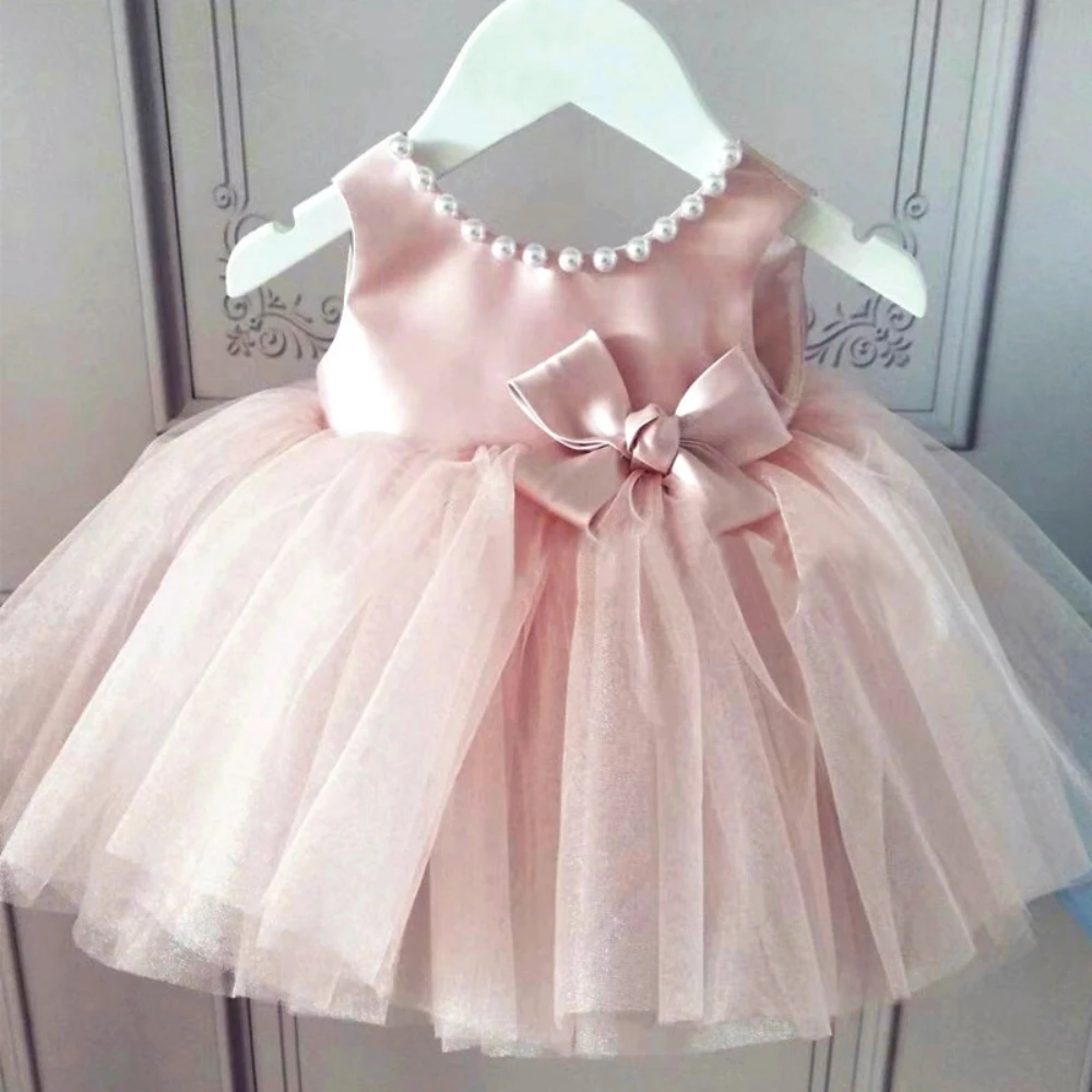 Charming Pink Bow Ball Gown Kids Wedding Party Clothes Puffy Tulle Pearls Flower Girls Dresses For Wedding Customized