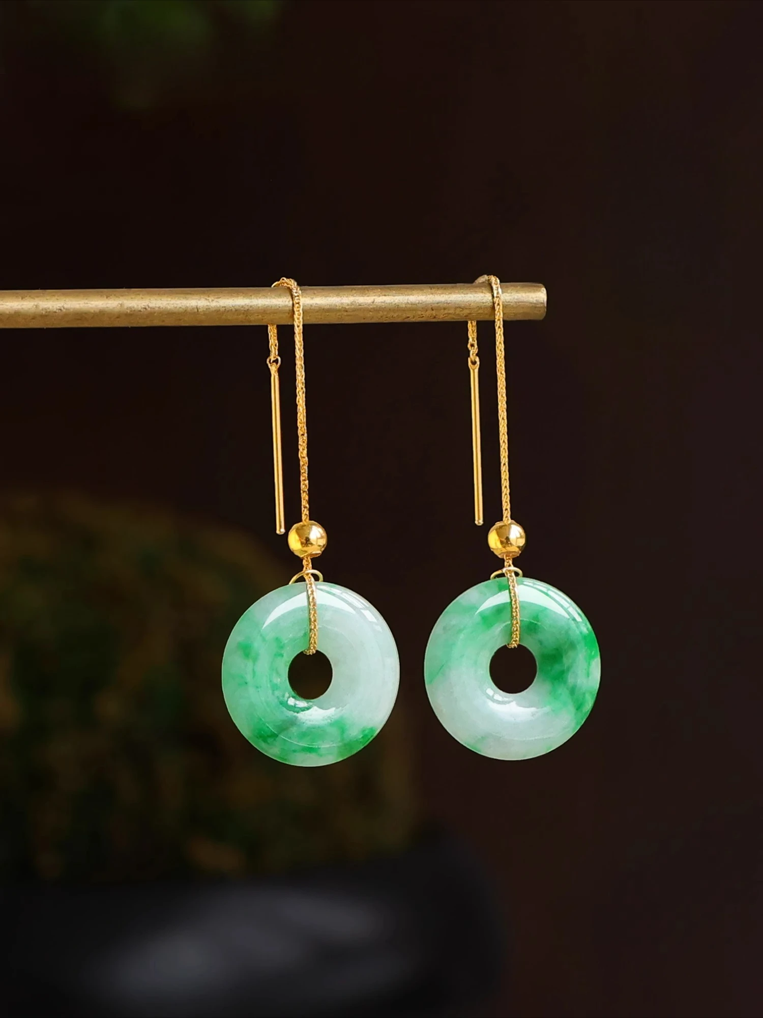 

18K Gold AAA Natural Jadeite Earrings, Classical Floating Flower Vivid Green Peace Knot Long Ear Drops, Chinese Style