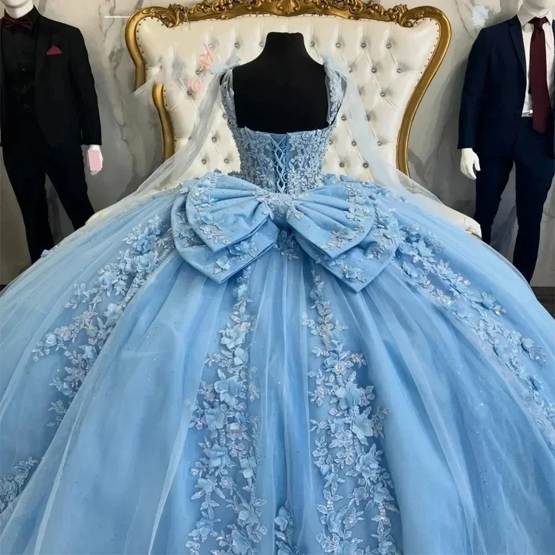 فساتين Quinceanera مخصصة لامعة ثلاثية الأبعاد على شكل زهور مع فيونكة كبيرة فيستدوس دي 15 أنوس فاخرة من الدانتيل لأعياد الميلاد