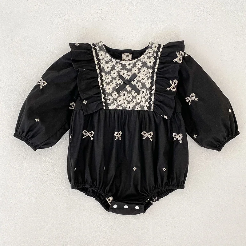 جديد ملابس الطفل القطنية الطفل المطرزة القوس رومبير الخريف الوليد الفتيات رومبير ملابس الطفل طويلة الأكمام بذلة تسلق الملابس