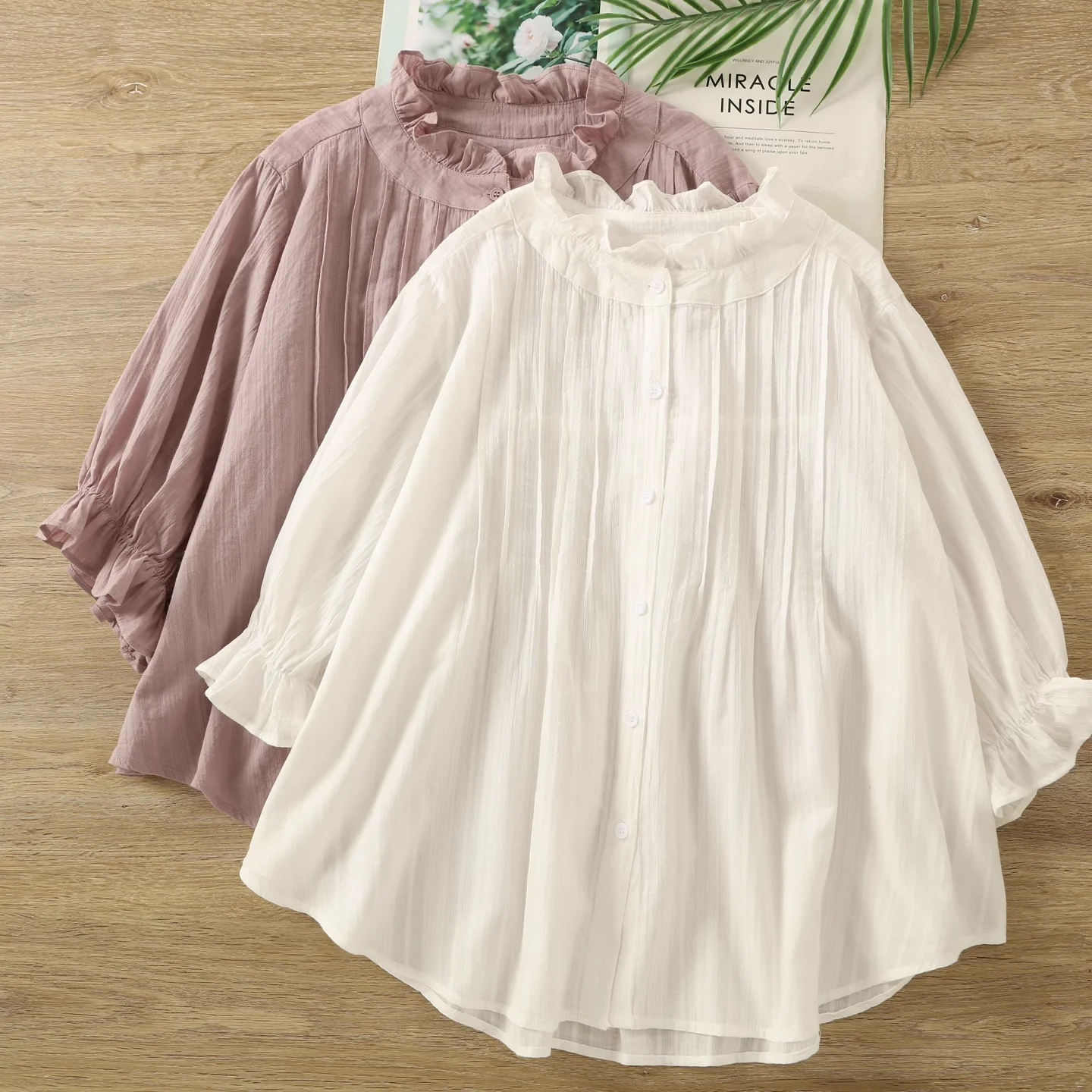 

2025 Women's chic blouses morigirl style cotton stand collar short sleeve pleated shirts and blouses Bohemian Holiday Tops