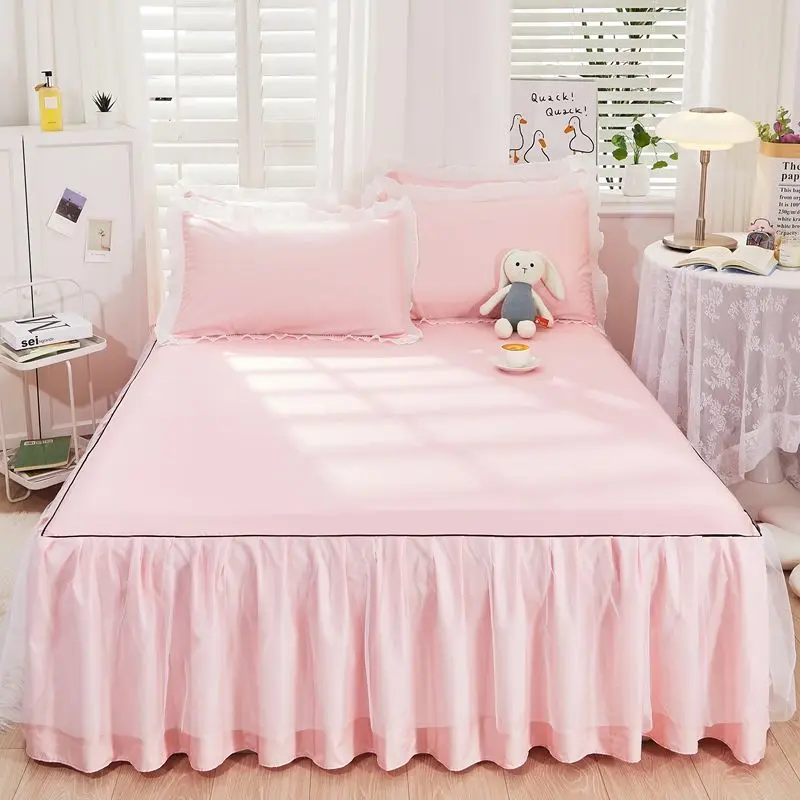 1pcs Princess Bed Skirt Ruffled Lace Bed Skirt Non-slip Mattress Cover Solid Color Bedsheet Protector Bedspread No Pillowcase