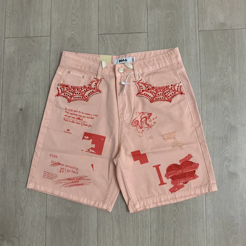 Bestselling New Trend Brand High-quality Duaa Jeans Printed Men Women Casual Rhinestone Denim Short Sleeves