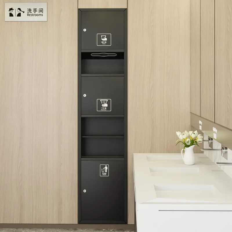 Black stainless steel 3-in-1 hand towel paper box with trash can hand dryer built-in concealed toilet drawer carton