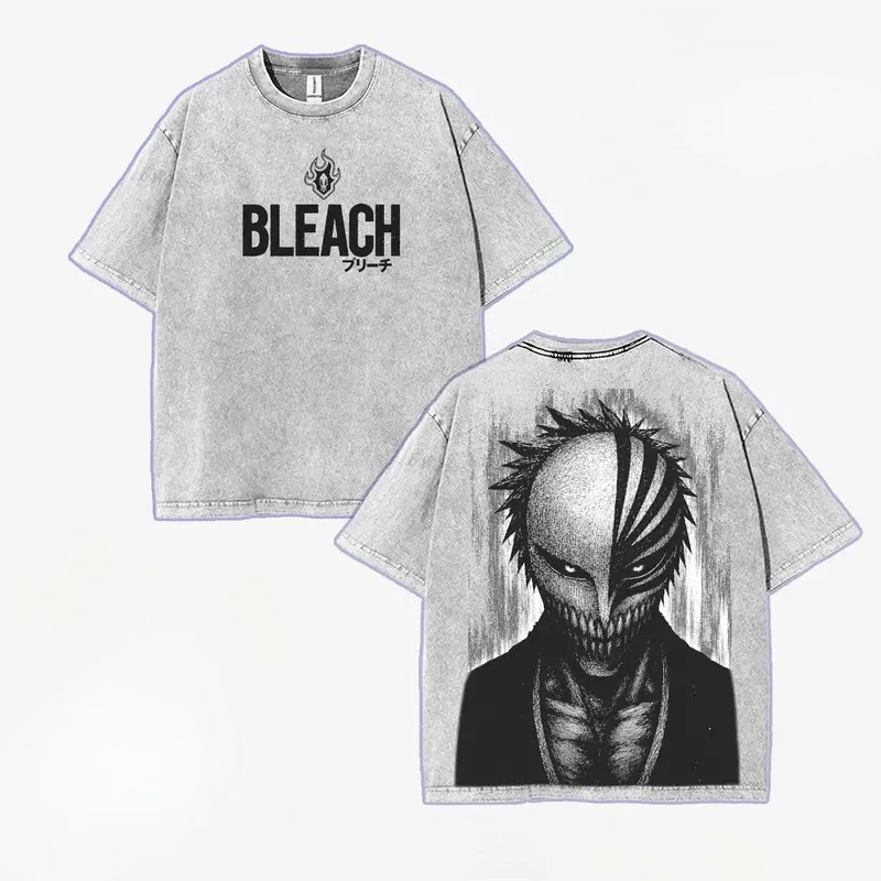 BLEACH Kurosaki Ichigo Retro T Shirt Men Clothing Manga Graphic Vintage Washed Oversized T-shirt High Quality Cotton Tee Clothes