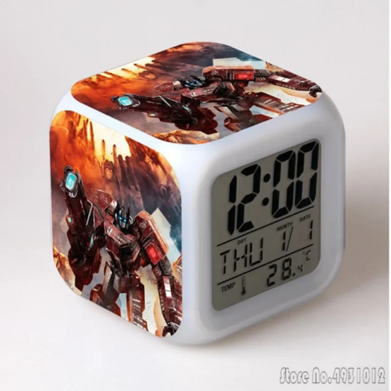 Anime T-Transformers Cartoon  Alarm Clock Creative Student 8x8x8cm LED Cube with Colorful Light Display Time Week Month