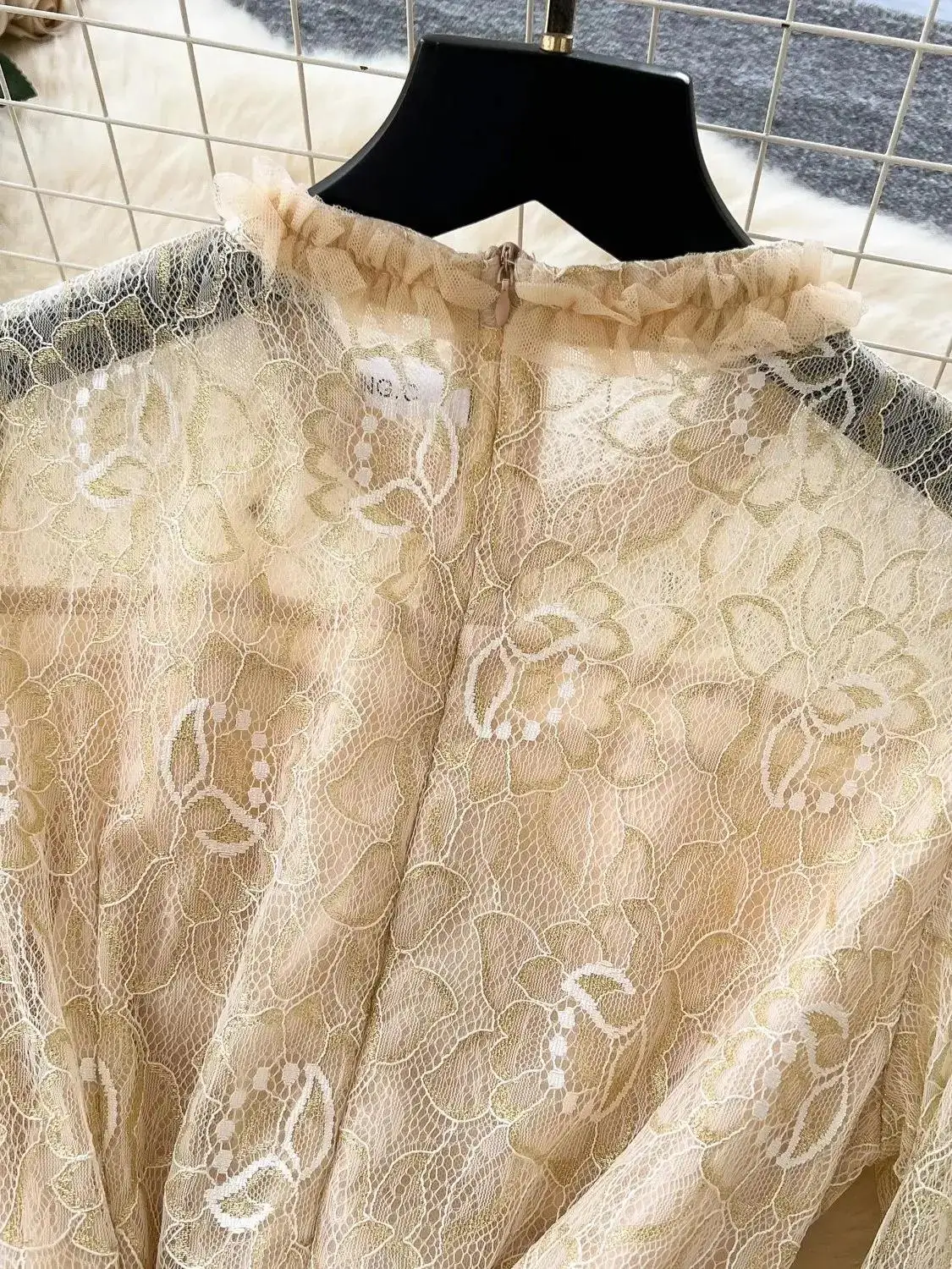 Spring Autumn Elegant Flower Embroidery Lace Stitching Tweed Golden Buttons Plaid Long Sleeve Nail Beading O Neck A-Line Dresses