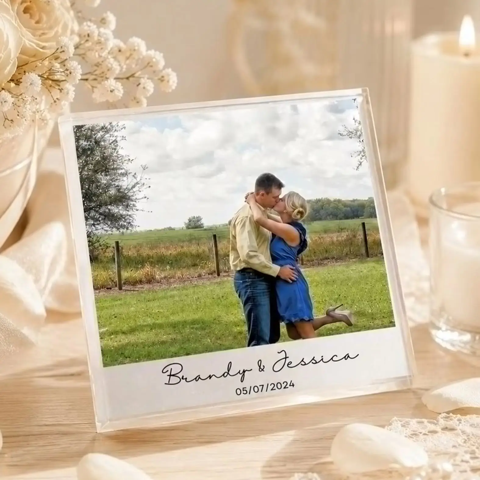 Custom Photo & Text Acrylic Block Personalized Clear Photo Plaque Desktop Decor Keepsake Gift for Couple Friend Anniversary Wedd