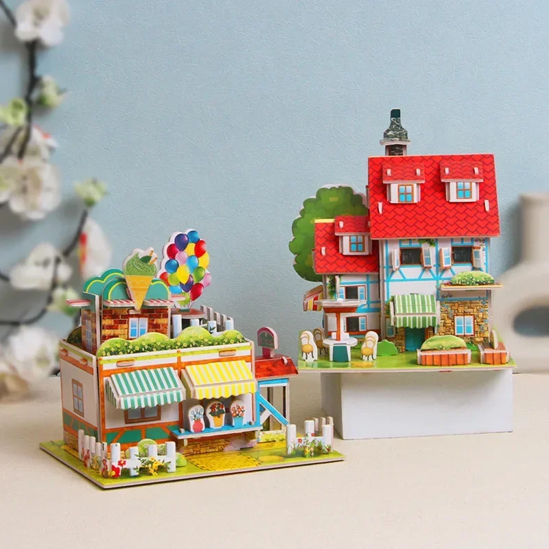 3D Exquisite Paper Puzzles Children\'s Handmade DIY Toys IceCream French-Hotel Flower-shop Supermarket  WL