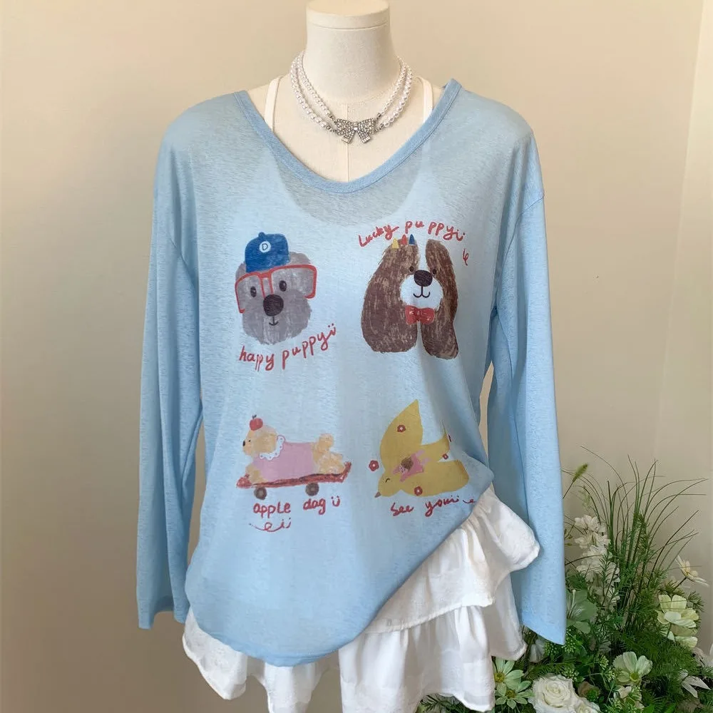 

Thin Dog Print Graphic T-shirt Sunscreen Loose Cartoon Animal Long Sleeved Top Korean Style Elastic Round Neck Oversized T-shirt