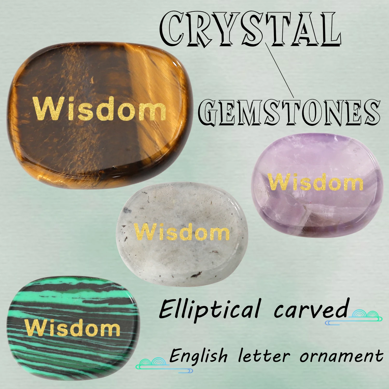 

Natural Crystal Quartz Amethyst Carved Wisdom Letter Oval Agate Gem Healing Stone for Office And Home Decoration Jewelry Crafts