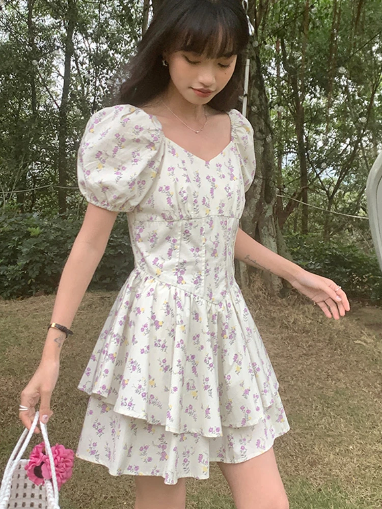 Mini Dresses for Women Defined Waist Age-reducing All-match Floral Casual Summer French Style College Daily Sweet Girls Clothing