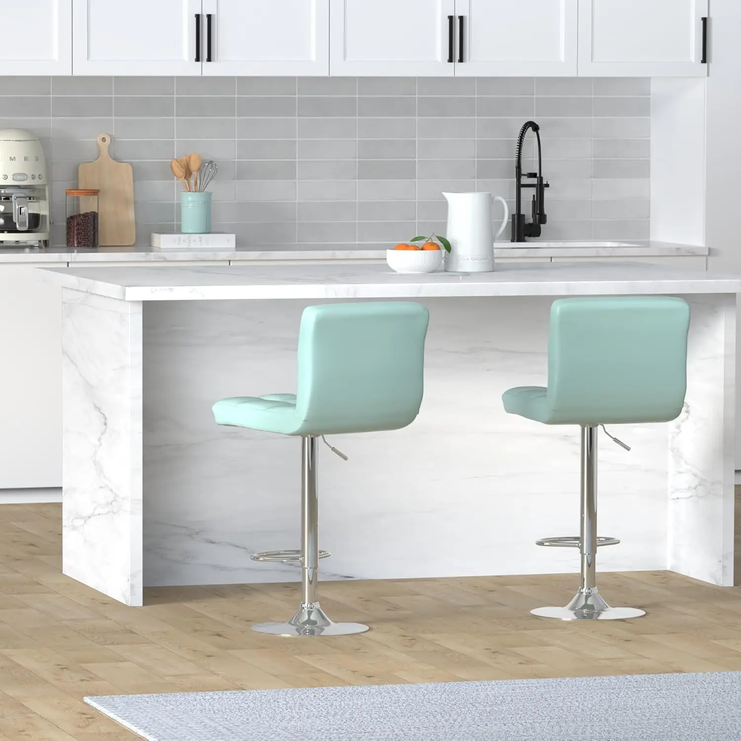 Leopard Bar Stools, Modern Pu Leather Adjustable Swivel Bar Stool With Back, Set Of 2 (Mint Green)