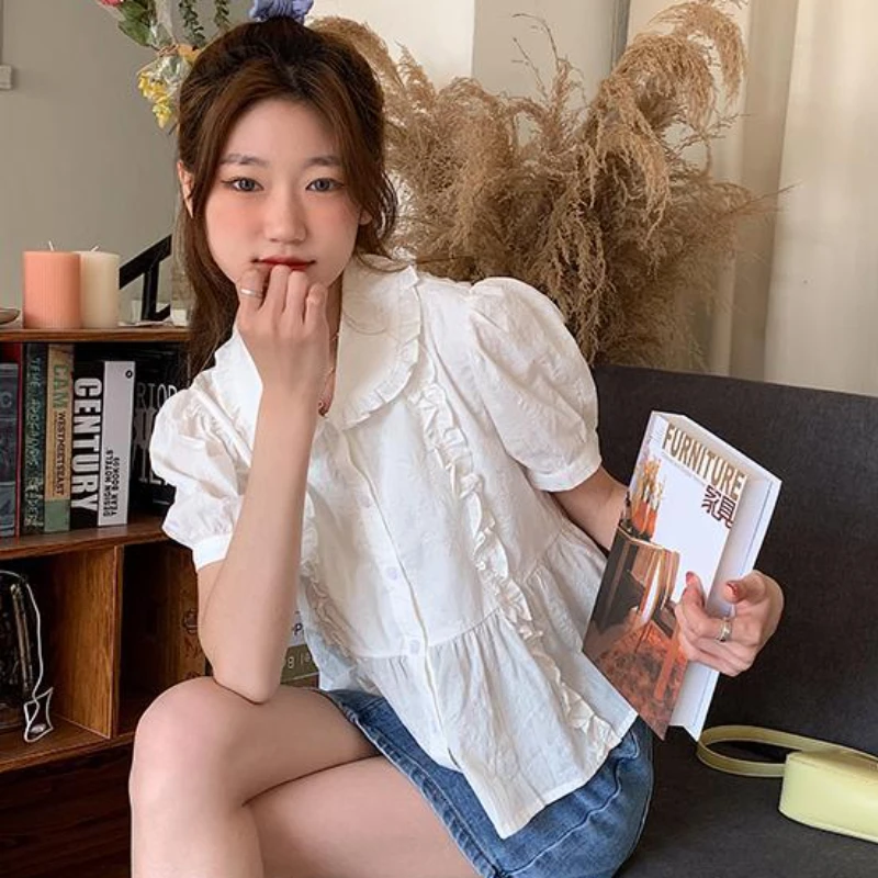 

Рубашки с воротником Питера Пэна, женские рубашки с оборками, милые, нежные, в корейском стиле, чистые, универсальные, повседневные, свободные, девичьи, популярные, летние, шикарные, простые