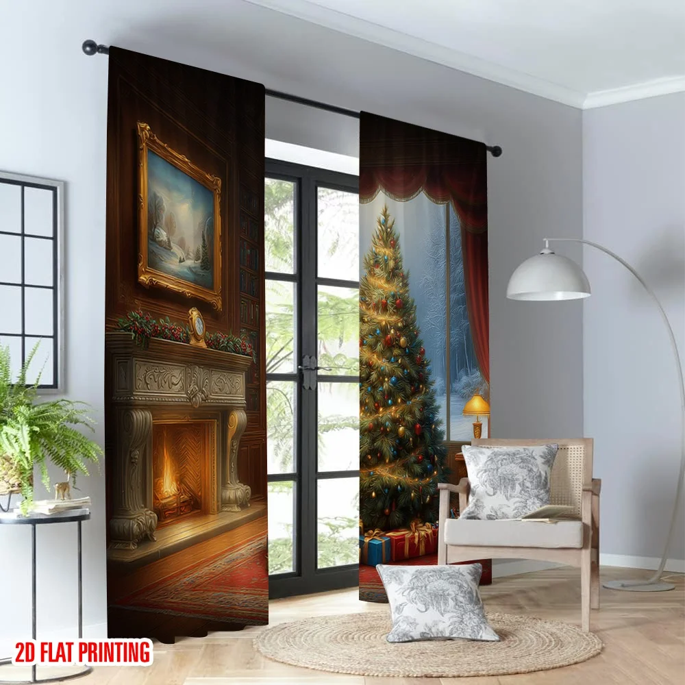 2 قطعة 2D الطباعة المسطحة عيد ميلاد سعيد الستائر مريحة شجرة عيد الميلاد الموقد الرقمية المطبوعة البوليستر الستائر الربيع استخدام ل #4