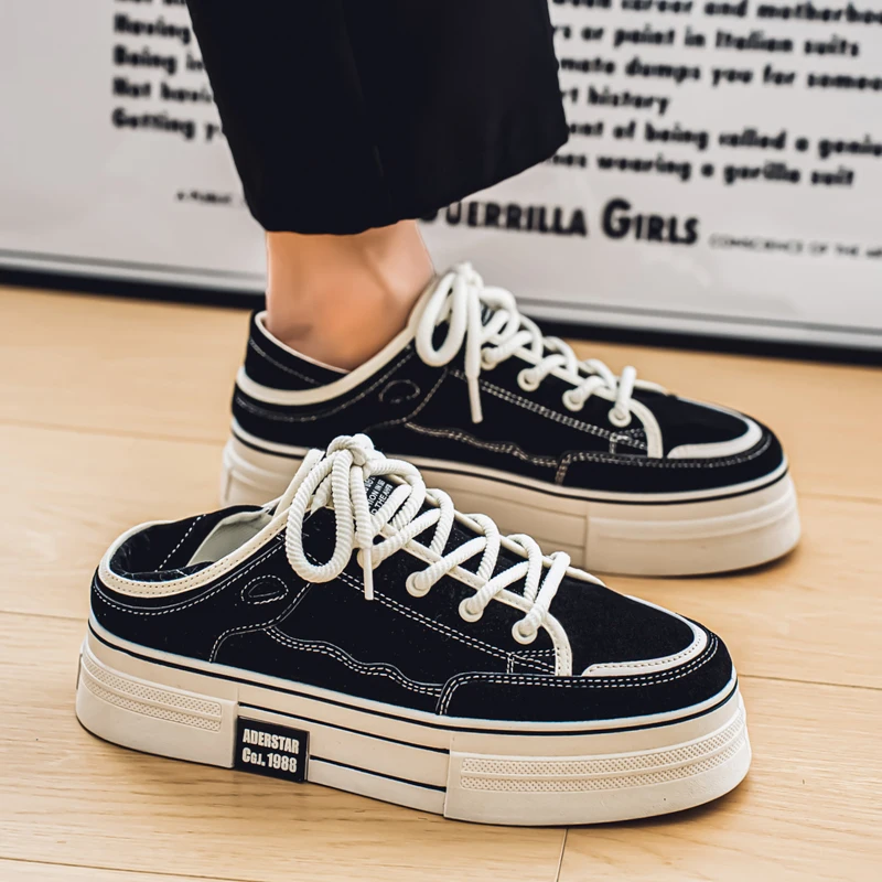 Canvas Men's Shoes Summer Thick Bottom Heightening Sports Leisure Board Shoes Low Cut Breathable Slip-On Korean Style round Toe