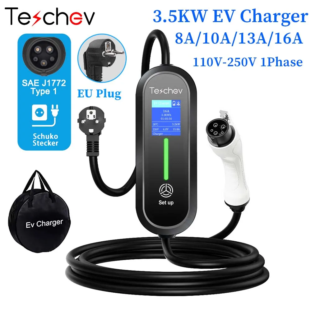 Teschev 3.5KW 16A 1Phase Type2 Portable EV Charger Type 1 SAE J1772 Charging Box Charging Station for Electric Car Charger