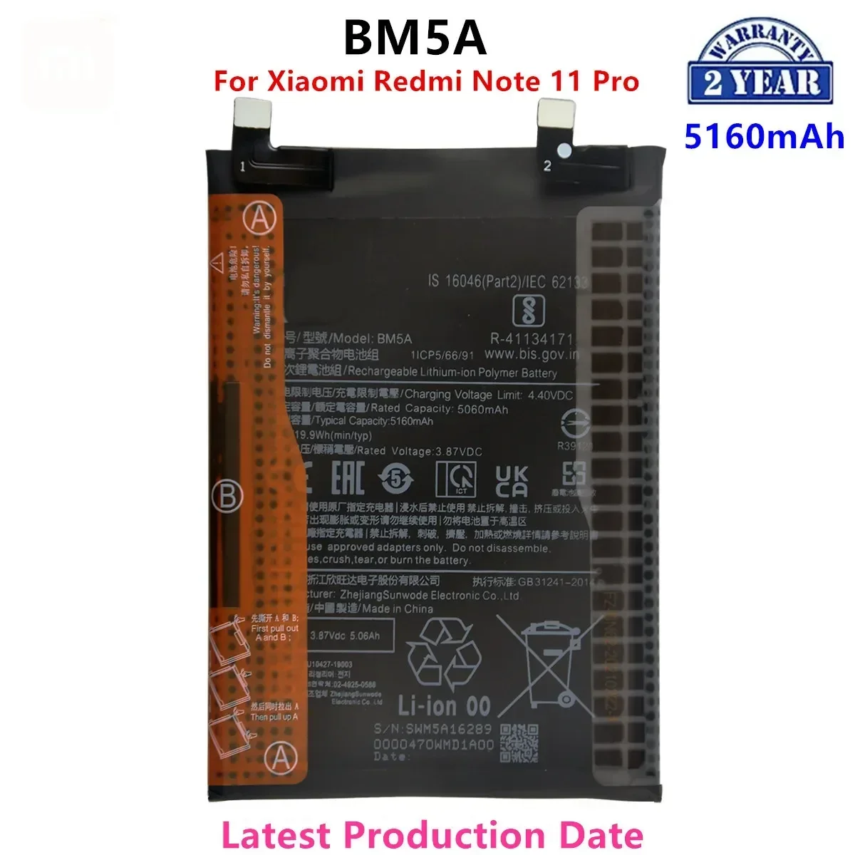 

Brand New BM5A 5160mAh Battery For Xiaomi MIUI Redmi Note 11 Pro 11pro High Quality Phone Replacement Batteries