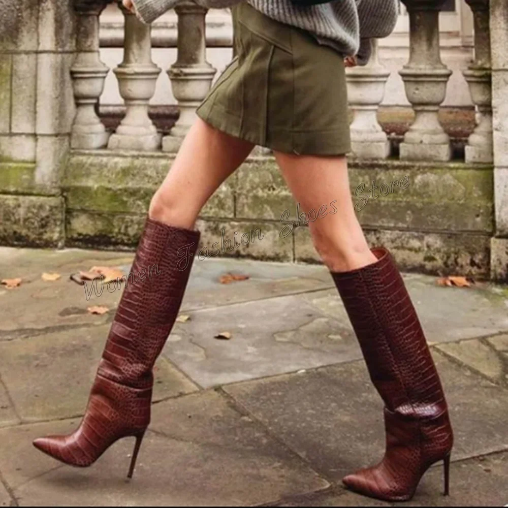 

Brown Slip on Pointed Toe Boots Knee High Stilettos High Heels High Heel Shoes for Women Heels 2025 New Zapatos Para Mujere
